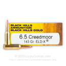 Premium 6.5 Creedmoor Ammo For Sale - 143 Grain ELD-X Ammunition in Stock by Black Hills Gold - 20 Rounds
