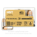 Premium 9mm +P Ammo For Sale - 124 Grain JHP Ammunition in Stock by Federal Personal Defense HST - 20 Rounds