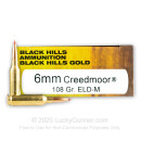 Premium 6mm Creedmoor Ammo For Sale - 108 Grain ELD Match Ammunition in Stock by Black Hills Gold - 20 Rounds