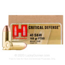 Bulk 40 S&W Ammo For Sale - 165 gr Jacketed Hollow Point FTX Critical Defense Hornady Ammunition In Stock - 200 Rounds
