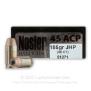 Premium 45 ACP Ammo For Sale - 185 Grain JHP Ammunition in Stock by Nosler Match Grade Handgun - 50 Rounds