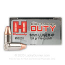 Premium 9mm Luger Ammo For Sale - 124 Grain Jacketed Hollow Point Ammunition in Stock by Hornady - 250 Rounds