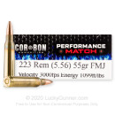 Premium 223 Rem Ammo For Sale - 55 Grain FMJ Ammunition in Stock by Corbon Performance Match - 20 Rounds