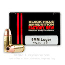 Premium 9mm Luger Ammo For Sale - 124 Grain JHP Ammunition in Stock by Black Hills - 20 Rounds