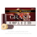Premium 12 Gauge Ammo For Sale - 2-3/4” 1-1/8oz. #8 Shot Ammunition in Stock by Federal Gold Medal Grand Paper - 25 Rounds