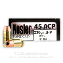 Premium 45 ACP Ammo For Sale - 230 Grain Jacketed Hollow Point Ammunition in Stock by Nosler - 50 Rounds