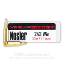 Premium 243 Ammo For Sale - 55 Grain FB Tipped Ammunition in Stock by Nosler Varmageddon - 20 Rounds