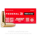 Cheap 30 Super Carry Ammo For Sale - 100 Grain FMJ Ammunition in Stock by Federal American Eagle - 50 Rounds