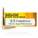 Premium 6.5 Creedmoor Ammo For Sale - 130 Grain Dual Performance Ammunition in Stock by Black Hills Gold - 20 Rounds