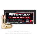 Premium 45 ACP Ammo For Sale - 230 Grain TMJ Non-Incendiary Visual Tracer Ammunition in Stock by Ammo Inc. Streak - 50 Rounds