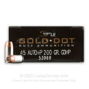 Premium .45 ACP Ammo For Sale – 200 Grain Jacketed Hollow Point Ammunition in Stock by Speer Gold Dot - 1000 Rounds