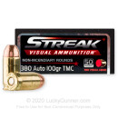 Premium 380 Auto Ammo For Sale - 100 Grain TMJ Non-Incendiary Visual Tracer Ammunition in Stock by Ammo Inc. Streak - 50 Rounds