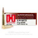 Premium 5.56x45mm Ammo For Sale - 75 Grain HPBT Ammunition in Stock by Hornady Superformance Match- 20 Rounds