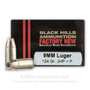 Premium 9mm Ammo For Sale - 124 Grain JHP +P Ammunition in Stock by Black Hills - 20 Rounds