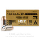 Premium 380 Auto Ammo For Sale - 99 Grain HST JHP Ammunition in Stock by Federal Personal Defense - 20 Rounds