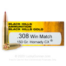 Premium 308 Ammo For Sale - 150 Grain CX Ammunition in Stock by Black Hills Gold - 100 Rounds