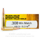 Premium 308 Ammo For Sale - 168 Grain ELD Match Ammunition in Stock by Black Hills Gold - 20 Rounds