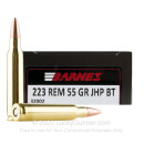 Premium 223 Rem Ammo For Sale - 55 Grain JHP BT Ammunition in Stock by Barnes - 20 Rounds