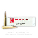 338 Lapua Magnum Hornady Custom Ammunition - 250 grain hollow point boat tail ammunition