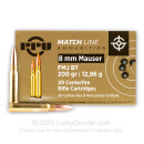 Premium 8mm Mauser Ammo For Sale - 200 Grain FMJBT Ammunition in Stock by PPU Match - 20 Rounds