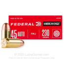 45 ACP Ammo For Sale - 230 Grain FMJ 45 Auto Ammunition In Stock by Federal American Eagle - 50 Rounds