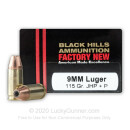 Cheap 9mm Luger Ammo For Sale - +P 115 Grain JHP Ammunition in Stock by Black Hills - 20 Rounds