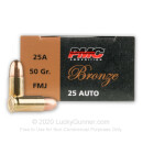 Cheap 25 Auto Ammo For Sale - 50 gr FMJ PMC Ammo Online - 50 Rounds