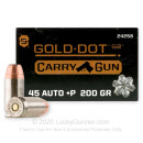 Premium 45 ACP +P Ammo For Sale - 200 Grain JHP Ammunition in Stock by Speer Gold Dot G2 Carry Gun - 20 Rounds