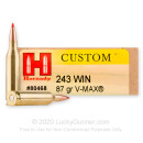 Premium 243 Ammo For Sale - 87 Grain V-MAX Ammunition in Stock by Hornady Custom - 20 Rounds