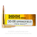 Premium 30-06 Ammo For Sale - 178 Grain ELD-X Ammunition in Stock by Black Hills Gold - 20 Rounds