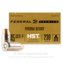 Premium 45 ACP +P Ammo For Sale - 230 Grain HST JHP Ammunition in Stock by Federal Personal Defense - 20 Rounds