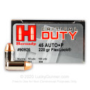 45 ACP Defense Ammo For Sale - 220 gr +P JHP FTX Flex-Tip Hornady Critical Duty Ammunition In Stock - 20 Rounds
