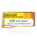 Premium 308 Ammo For Sale - 152 Grain Dual Performance Ammunition in Stock by Black Hills Gold - 20 Rounds