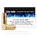 Premium 45 Long Colt +P Ammo For Sale - 200 Grain JHP Ammunition in Stock by Corbon - 20 Rounds
