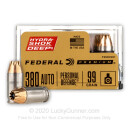 Premium 380 Auto Ammo For Sale - 99 Grain JHP Ammunition in Stock by Federal Personal Defense Hydra-Shok Deep - 20 Rounds