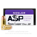 Premium 9mm Ammo For Sale - 124 Grain JHP Ammunition in Stock by Nosler Assured Stopping Power - 50 Rounds