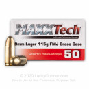 Bulk 9mm Ammo For Sale - 115 Grain FMJ Ammunition in Stock by MAXXTech Brass - 500 Rounds