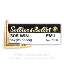 308 Ammo For Sale - 147 grain FMJ - Sellier & Bellot Ammo In Stock - 20 Rounds