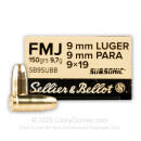 Cheap 9mm Ammo For Sale - 150 Grain FMJ Ammunition in Stock by Sellier & Bellot Subsonic - 50 Rounds