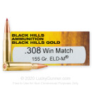Premium 308 Ammo For Sale - 155 Grain ELD Match Ammunition in Stock by Black Hills Gold - 20 Rounds