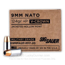 Premium 9mm +P Ammo For Sale - 124 Grain V-Crown JHP Ammunition in Stock by Sig Sauer Elite M17 - 20 Rounds