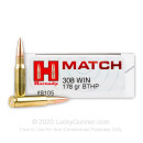 Premium 308 Win Hornady Match Ammo In Stock  - 178 gr Hornady BTHP Ammunition For Sale Online - 20 Rounds