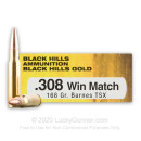 Premium 308 Ammo For Sale - 168 Grain Barnes TSX HP Ammunition in Stock by Black Hills Gold - 20 Rounds