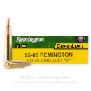 Premium 25-06 Rem Ammo For Sale - 100 Grain PSP Ammunition in Stock by Remington Core-Lokt - 20 Rounds