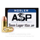 Premium 9mm Ammo For Sale - 115 Grain JHP Ammunition in Stock by Nosler Match Grade - 20 Rounds