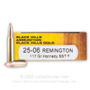 Premium 25-06 Rem Ammo For Sale - 117 Grain Hornady SST Ammunition in Stock by Black Hills Gold - 20 Rounds