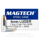 Cheap 9mm Ammo For Sale - 115 Grain FMJ Ammunition in Stock by Magtech Steel - 50 Rounds