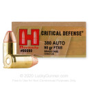 Bulk 380 Auto Defense Ammo In Stock - 90 gr JHP Critical Defense - 380 ACP Ammunition by Hornady For Sale - 250 Rounds