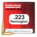 Premium 223 Rem Ammo For Sale - 52 Grain Match HP Ammunition in Stock by Black Hills - 20 Rounds