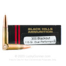 Premium 300 AAC Blackout Ammo For Sale - 115 Grain Dual Performance Ammunition in Stock by Black Hills - 20 Rounds